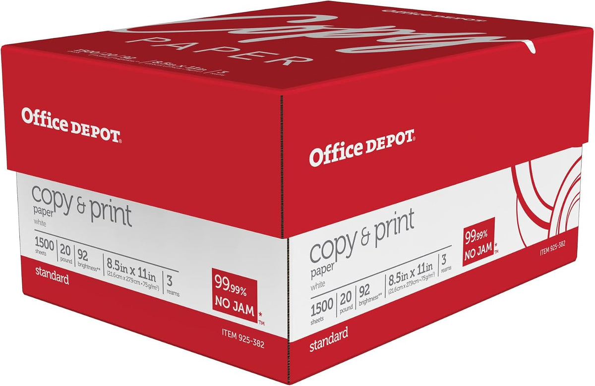 Office Depot Copy Print Paper, 8 1/2in. x 11in., 20 Lb, Bright White, 500 Sheets Per Ream, Case Of 3 Reams, 1008