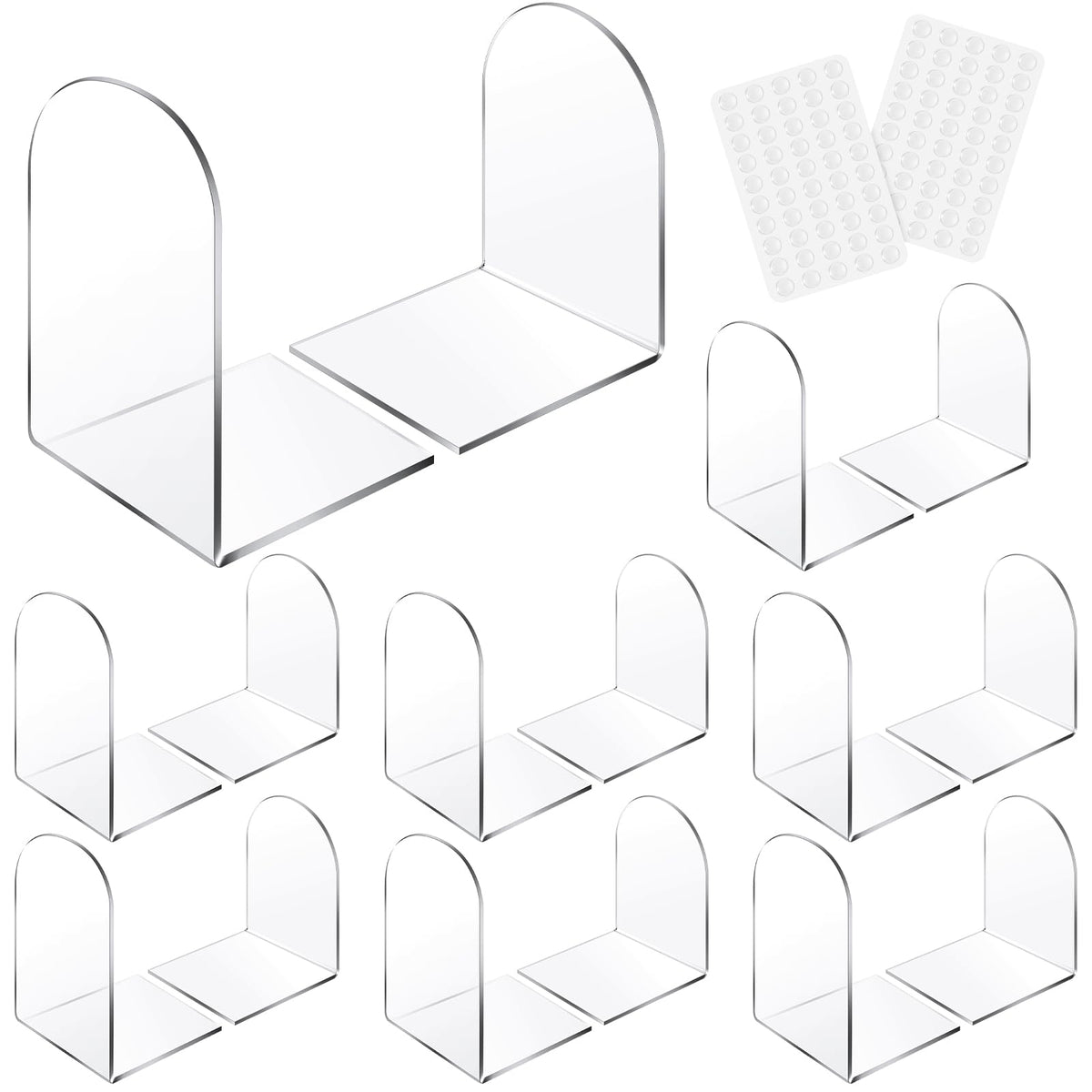 Leinuosen 16 Pcs Acrylic Clear Book Ends with Silicone Pad Non Skid Book Holders Arch Shape Heavy Duty Bookends Stoppers for Movies, CDs, Video Games (Clear)