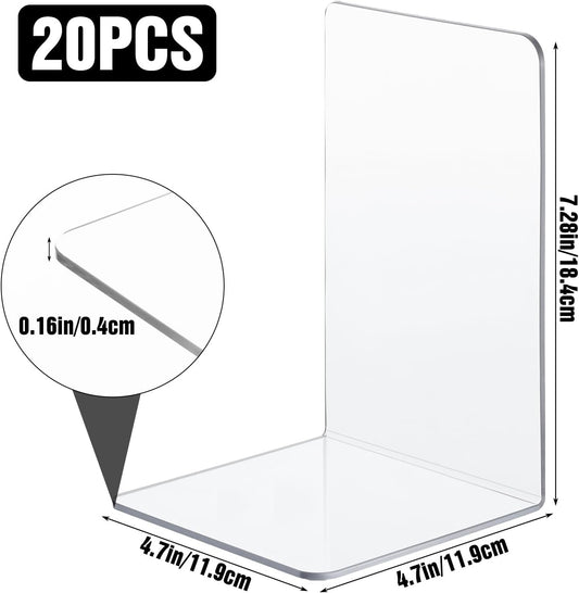 20 Pieces Book Ends, Clear Acrylic Bookends for Shelves, Heavy Duty Book Holders, Non Skid Decorative Bookends for School, Library, Bedroom, Office