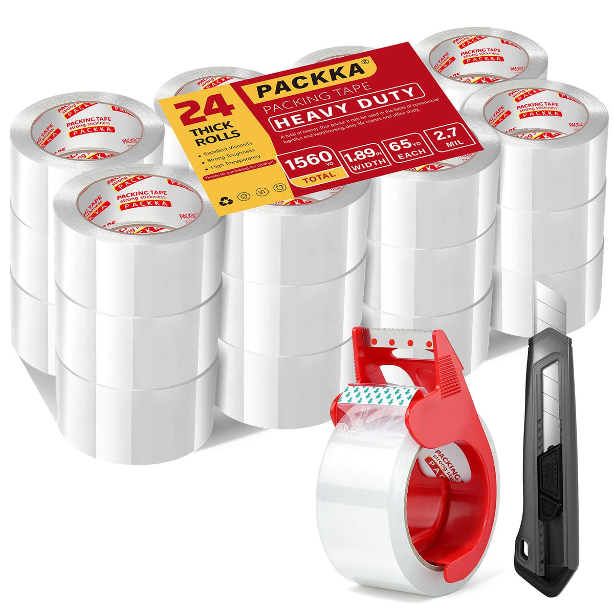 Heavy Duty Clear Packing Tape, 12 Rolls with Dispenser & Knife