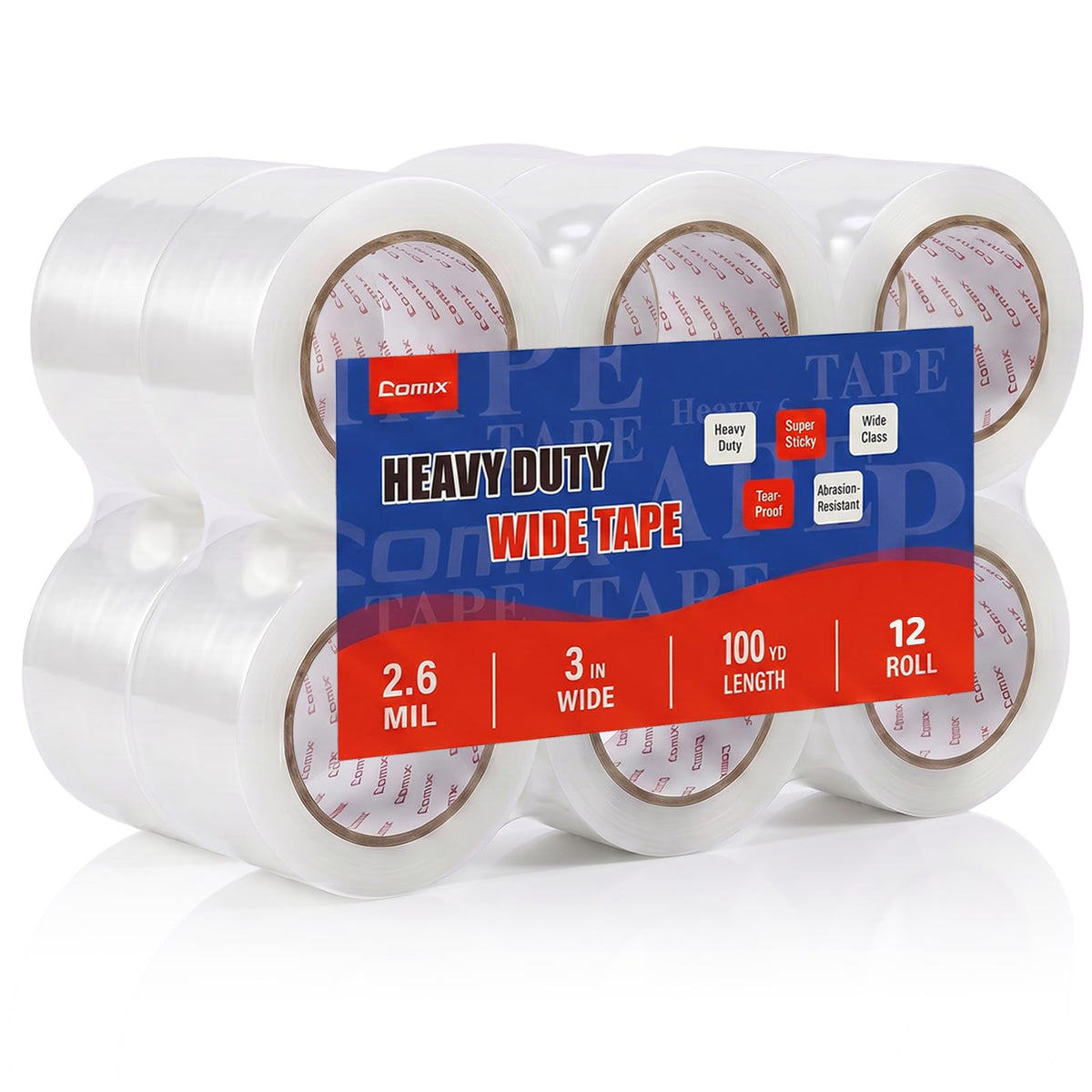 Comix Clear Packing Tape Refills,Heavy Duty,12 Rolls,1.88" x 54.6 yd