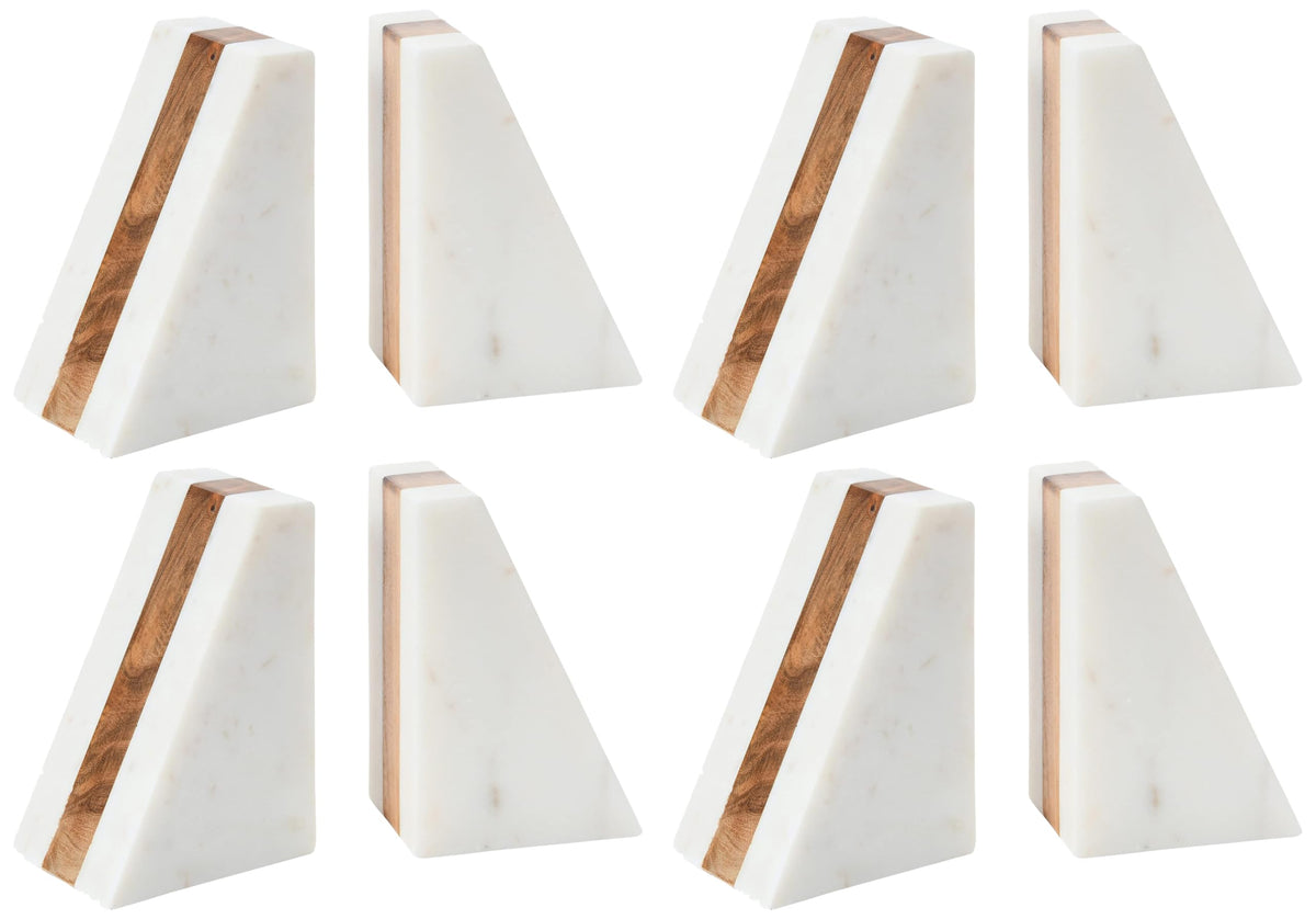 Main + Mesa Marble Geometric Bookends with Wood Inlay, White