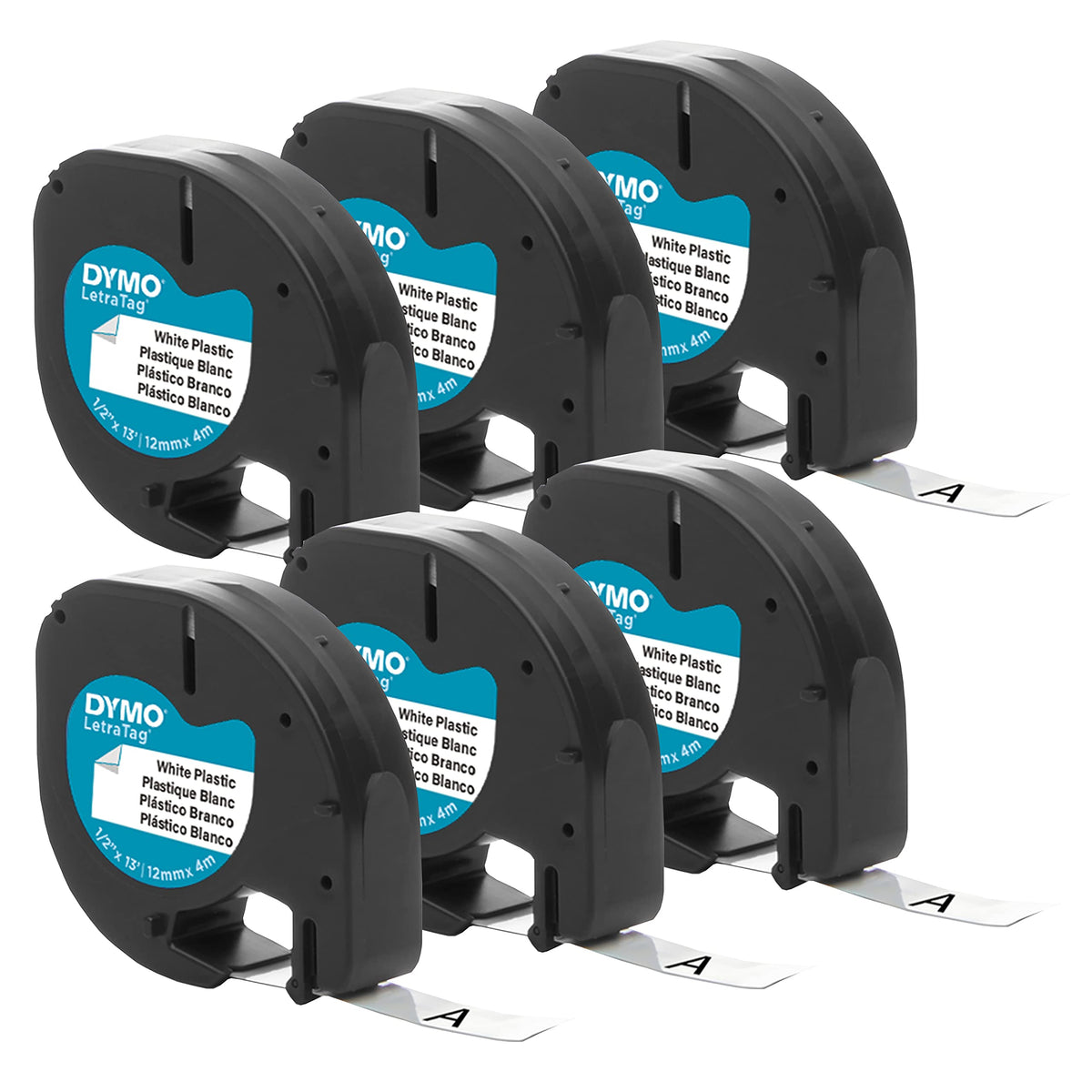 DYMO Authentic LT Plastic Labeling Tape for LetraTag Label Makers, 1/2" (12mm), Black Print on Clear Tape, 6-Pack