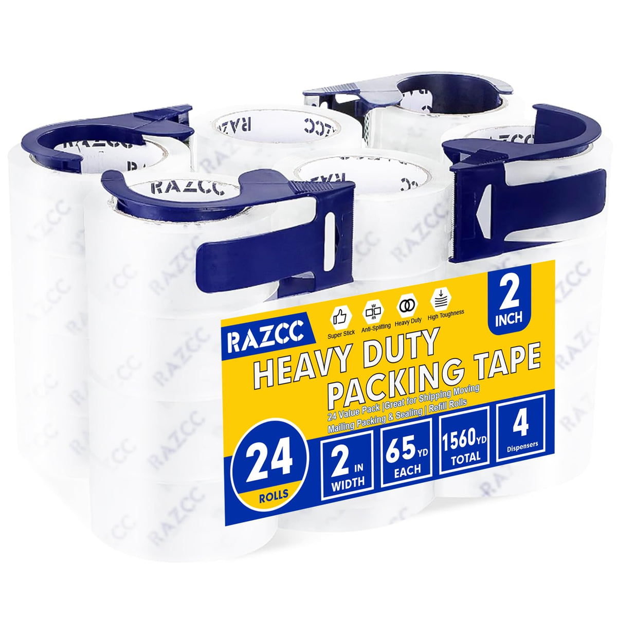 RAZCC Clear Packing Tape, 12 Rolls Heavy Duty Packaging Tape with Dispensers for Packing Shipping Moving and Sealing, Thicker Packing Tape-2" x 65 Yards Per Roll, 780 Total Yards