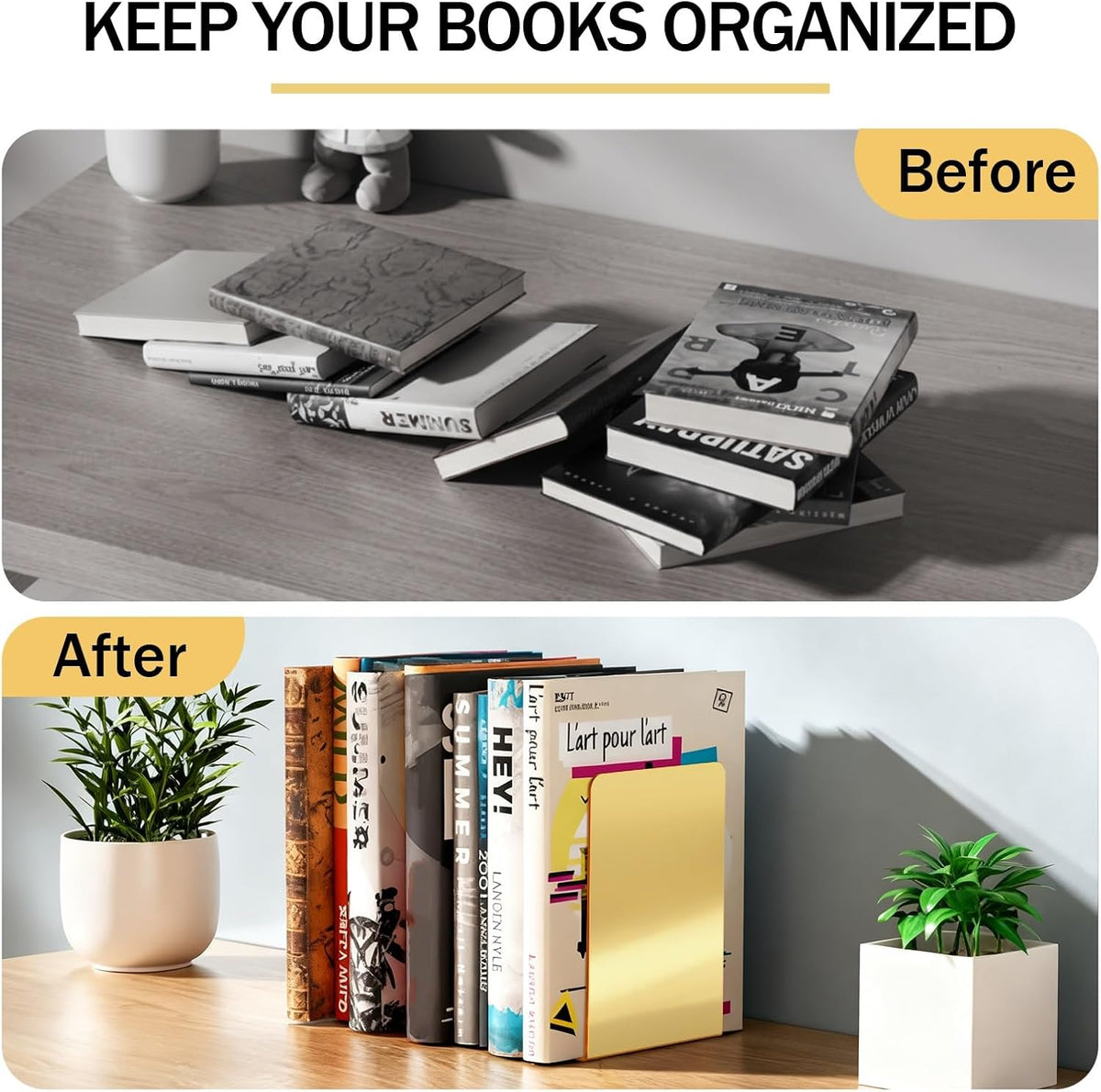 Feifeiya 24 Pcs Acrylic Bookends Gold Book Ends for Shelves, Gold Organizer with Silicone Non-Slip Mats, Book Holder Stand Decorative, Stoppers for Heavy Duty Books, Cd, File, Video Games