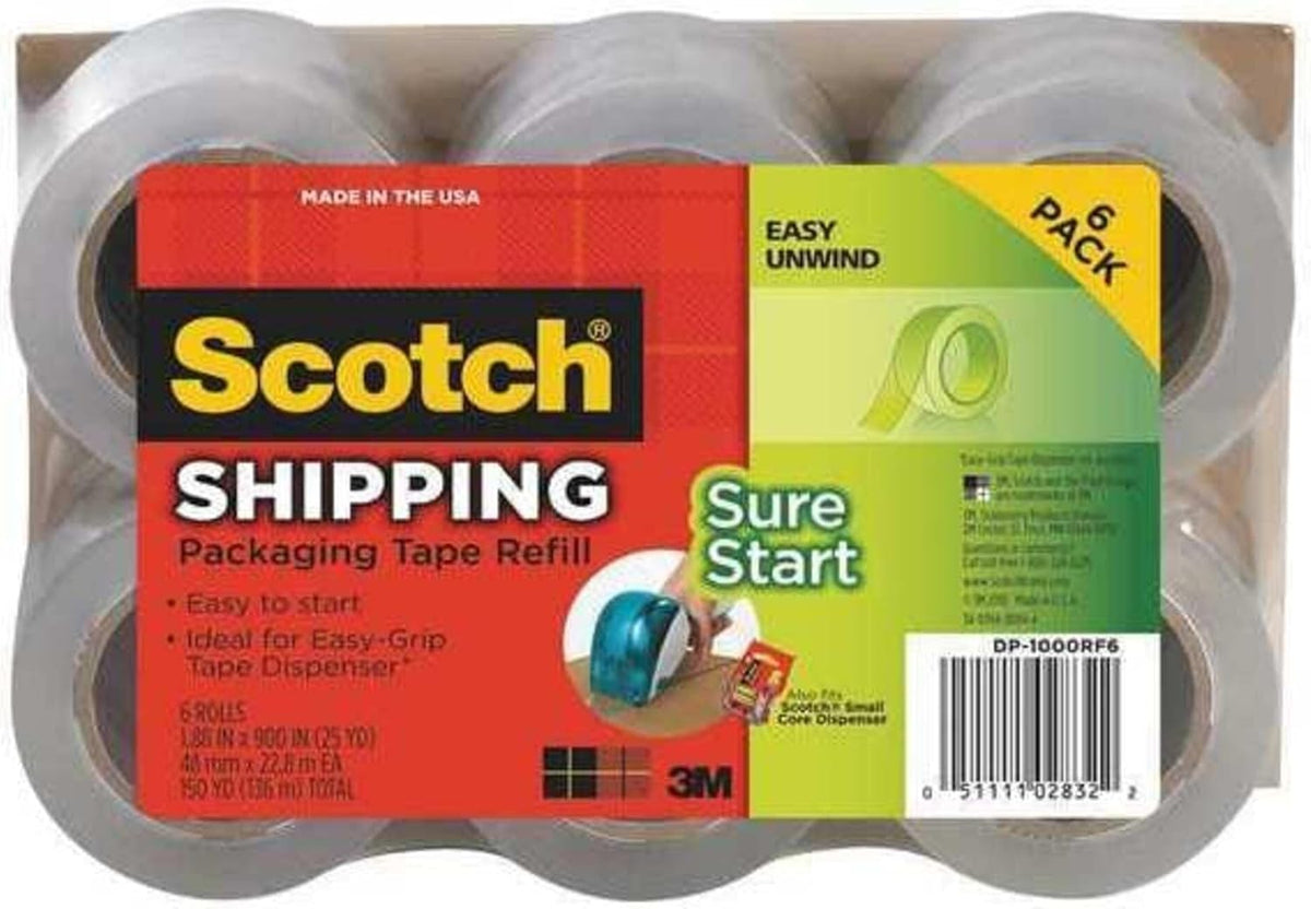 Scotch Sure Start Packing Tape for Small Core Dispenser, 1.88" x 25 yds., Clear, 6/Pack (DP1000RF6)