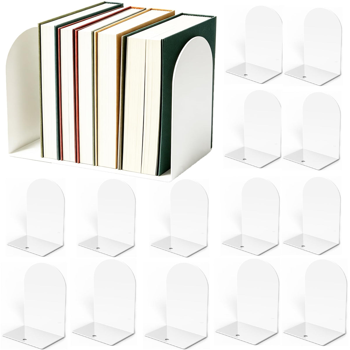 Lulonpon 16pcs Book Ends, Black Bookends, Non-Skid Book End, Metal Bookends for School Library and Desktop Organizer, Acrylic Book Ends for Book Shelves