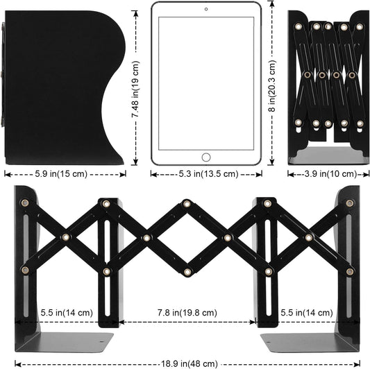 2 Pack Adjustable Metal Book Ends for Heavy Books, Extends Up to 19", Black