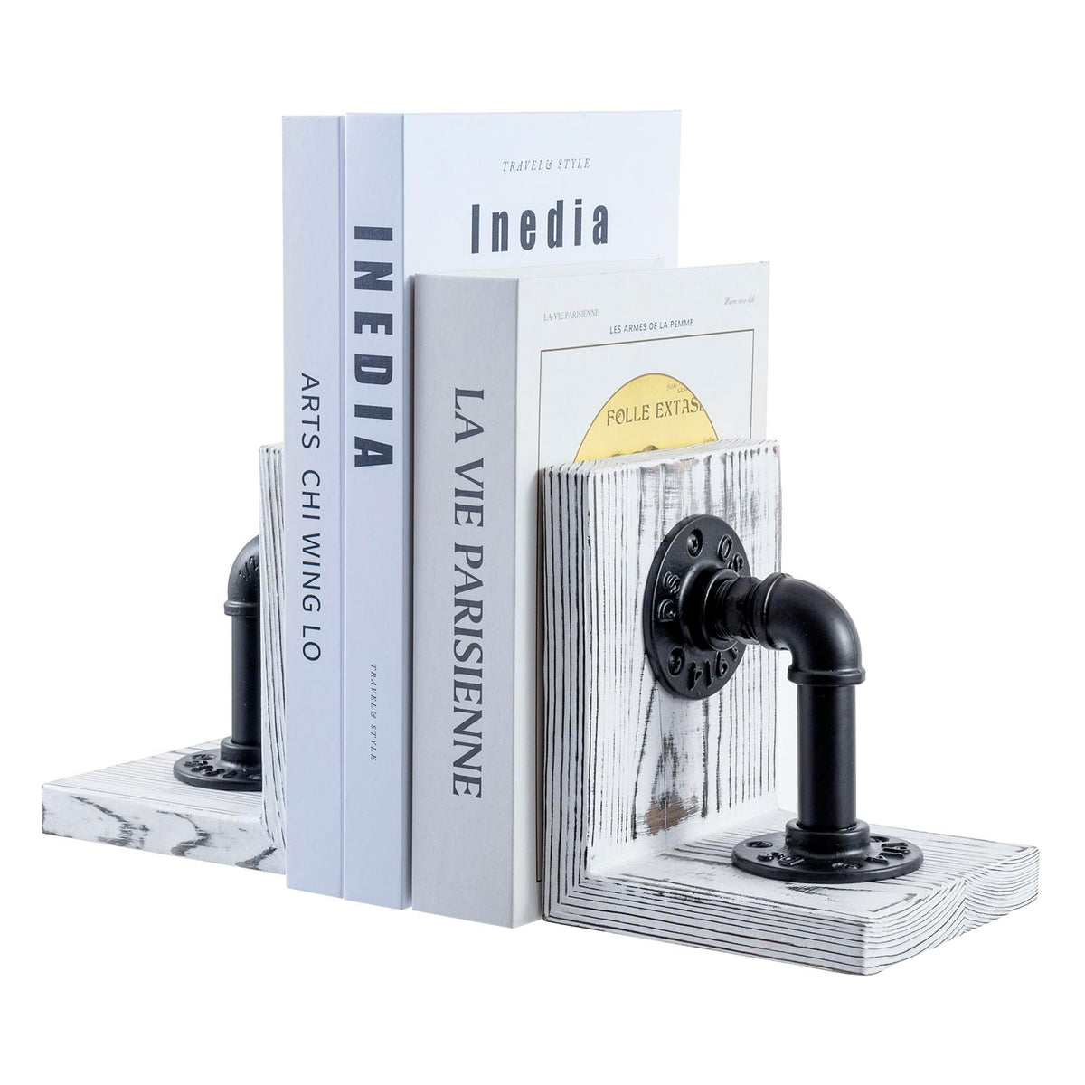MyGift Burnt Wood Bookends with Metal Industrial Pipe Design, 2 Piece Set