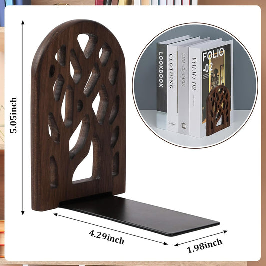 2 Pieces Wood Tree Book Ends for Shelves Non-Skid Heavy Bookends