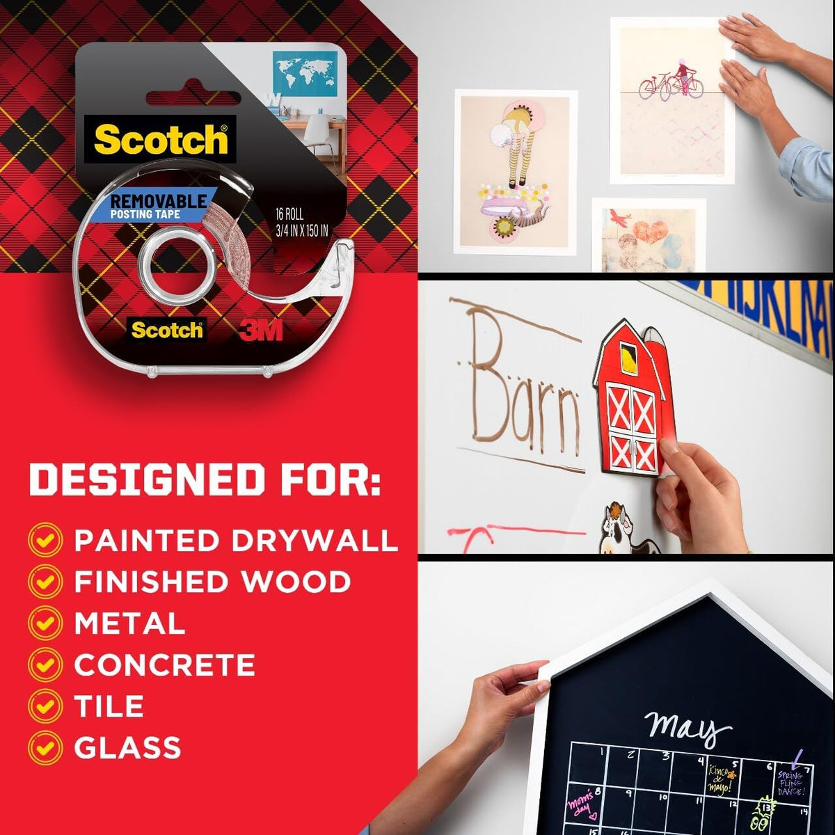 Scotch Mounting, Fastening & Surface Protection Scotch Removable Poster Tape, 3/4 x 150 Inches, 3 Pack, 109-3