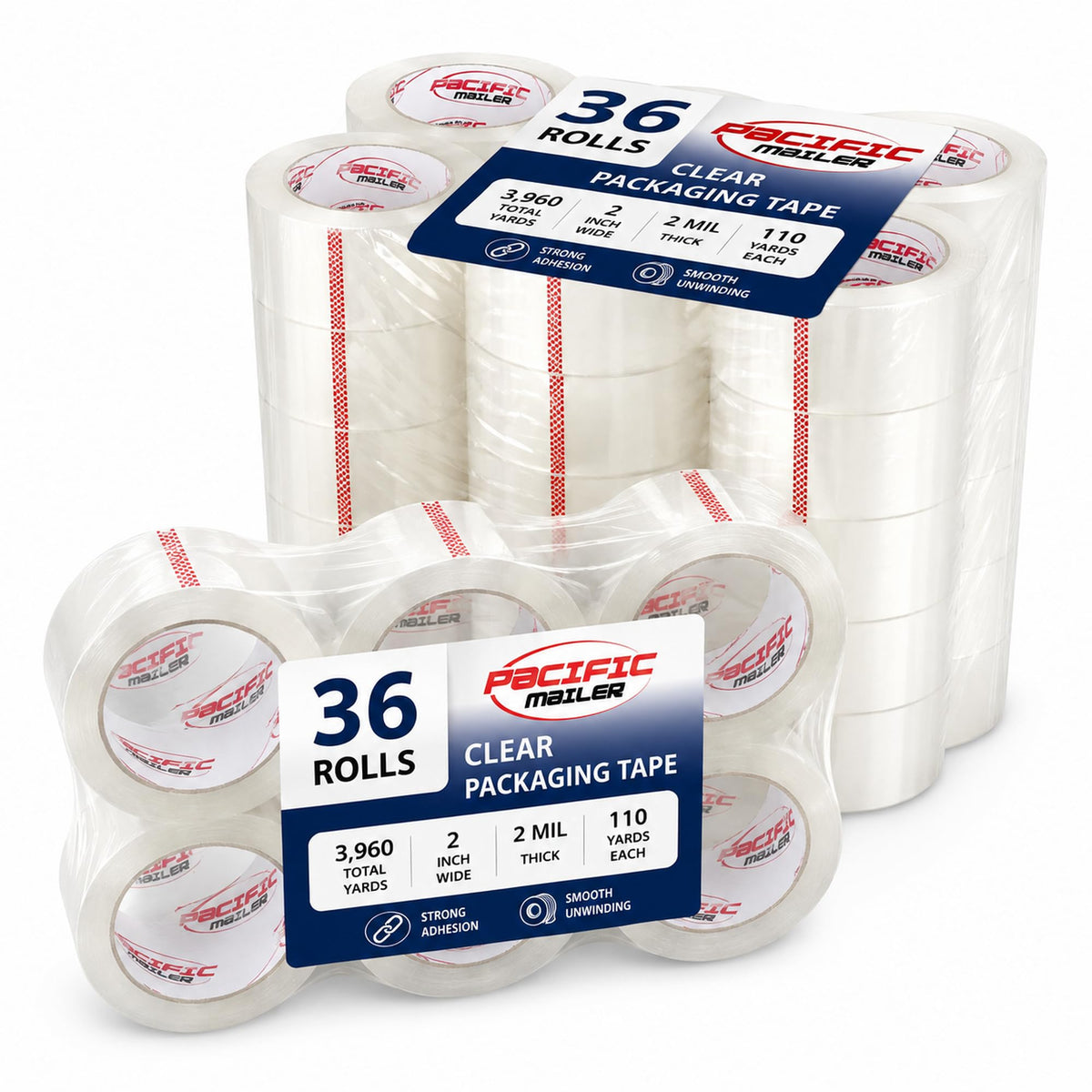 Pacific Mailer Clear Packing Tape, 2" x 110 Yards, 2.0 Mil Thick, 36 Packs