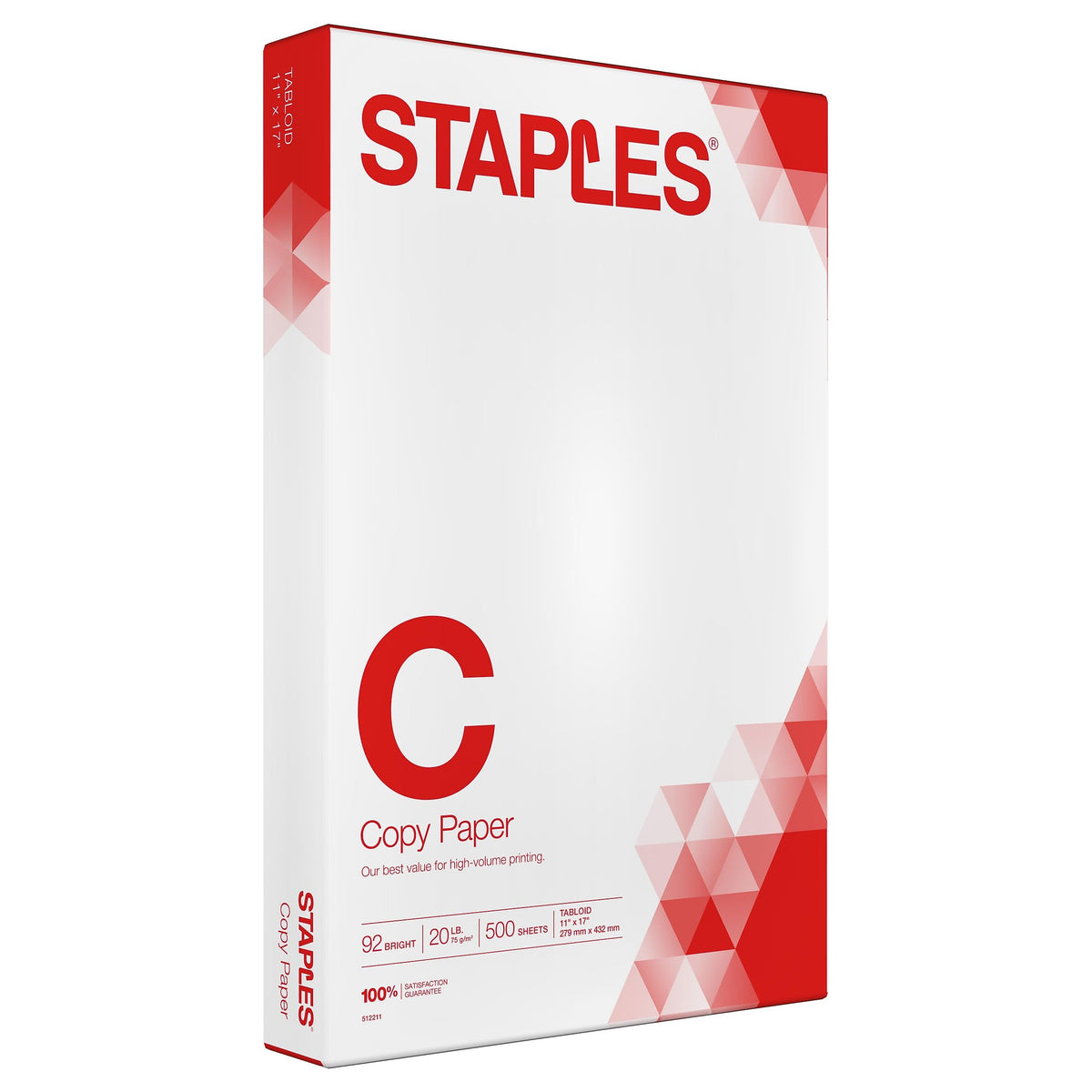 Staples Copy Paper, 11x17 Inch Ledger Size, 92 Brightness, 20 lb., 500/Ream