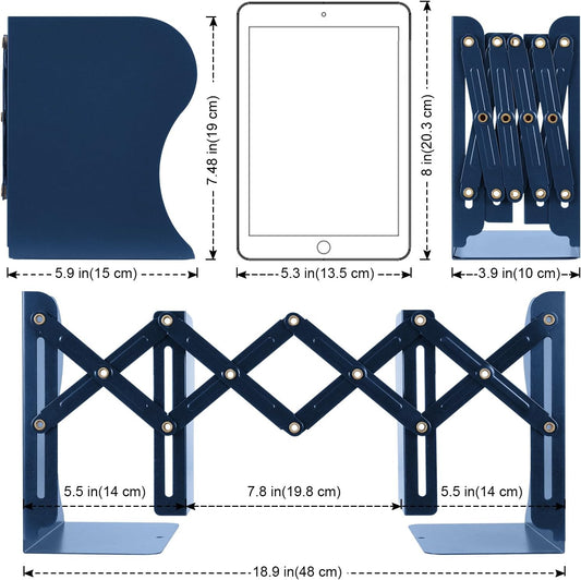 2 Pack Adjustable Metal Book Ends for Heavy Books, Extends Up to 19", Blue