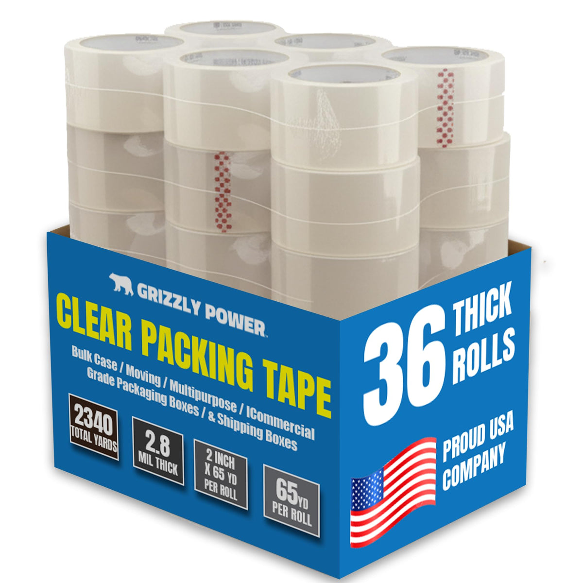 Grizzly Power Clear Packing Tape (6 Rolls) | Heavy Duty Packing Tape (2 Inch x 65 Yards) | 2.8mil Thick Strong Adhesive for Moving Boxes, Shipping Cartons, Office Use, Storage & Wrapping (390 Yards)