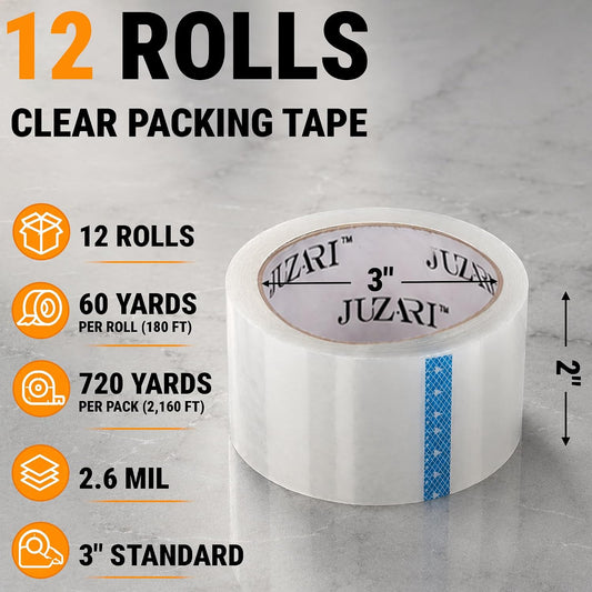 12 Pack Heavy Duty Packing Tape - 2 Inch Clear Big Tape Rolls for Moving Boxes, Shipping & Storage - Bulk Carton Sealing Mailing Refills - 2.6 Mil Thick, 60 Yards Per Roll, 720 Total Yards