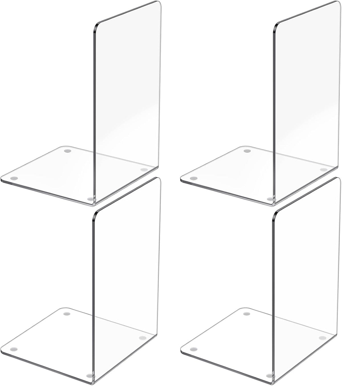 Acrylic Bookends 4 Pcs - Clear, Transparent Book Ends for Shelves, Heavy Duty Book Stoppers, CD, File, Video Games Holder Stand