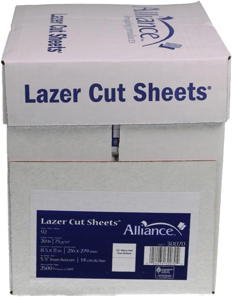 Perforated Paper Alliance Laser Cut Sheet 8.5 x 11 inch, 20 lb, 92 Bright - Made In The USA (5.5 From Bottom, 2,500 Sheets | Case)