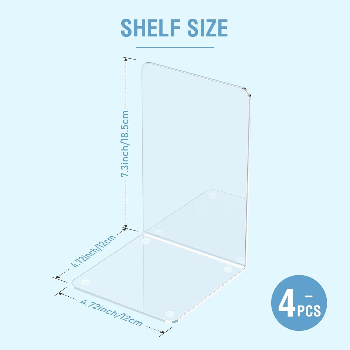 Acrylic Bookends 4 Pcs - Clear, Transparent Book Ends for Shelves, Heavy Duty Book Stoppers, CD, File, Video Games Holder Stand