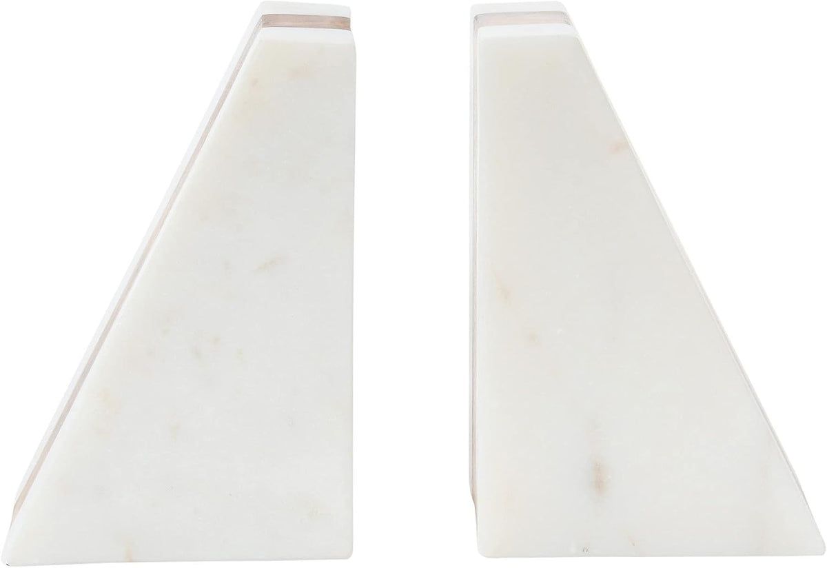 Main + Mesa Marble Geometric Bookends with Wood Inlay, White