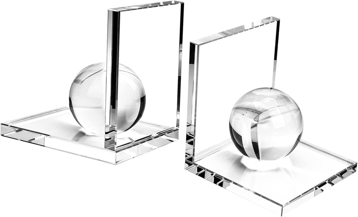 MerryNine Clear Crystal Book Ends Bookends with Crystal Ball
