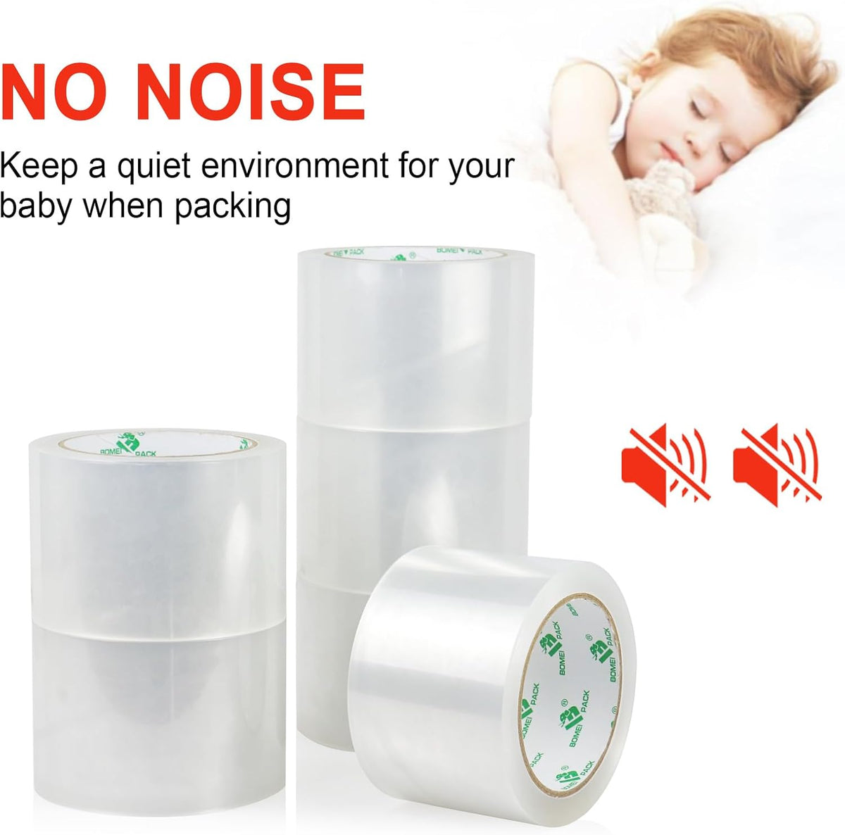 BOMEI PACK 3Inch Wide Clear Silent Packing Tape, 6Rolls 2.4Mil X 60Yds Heavy Duty No Noise Quiet Tape 3” for Moving, Shipping, Mailing, Storage and Packaging