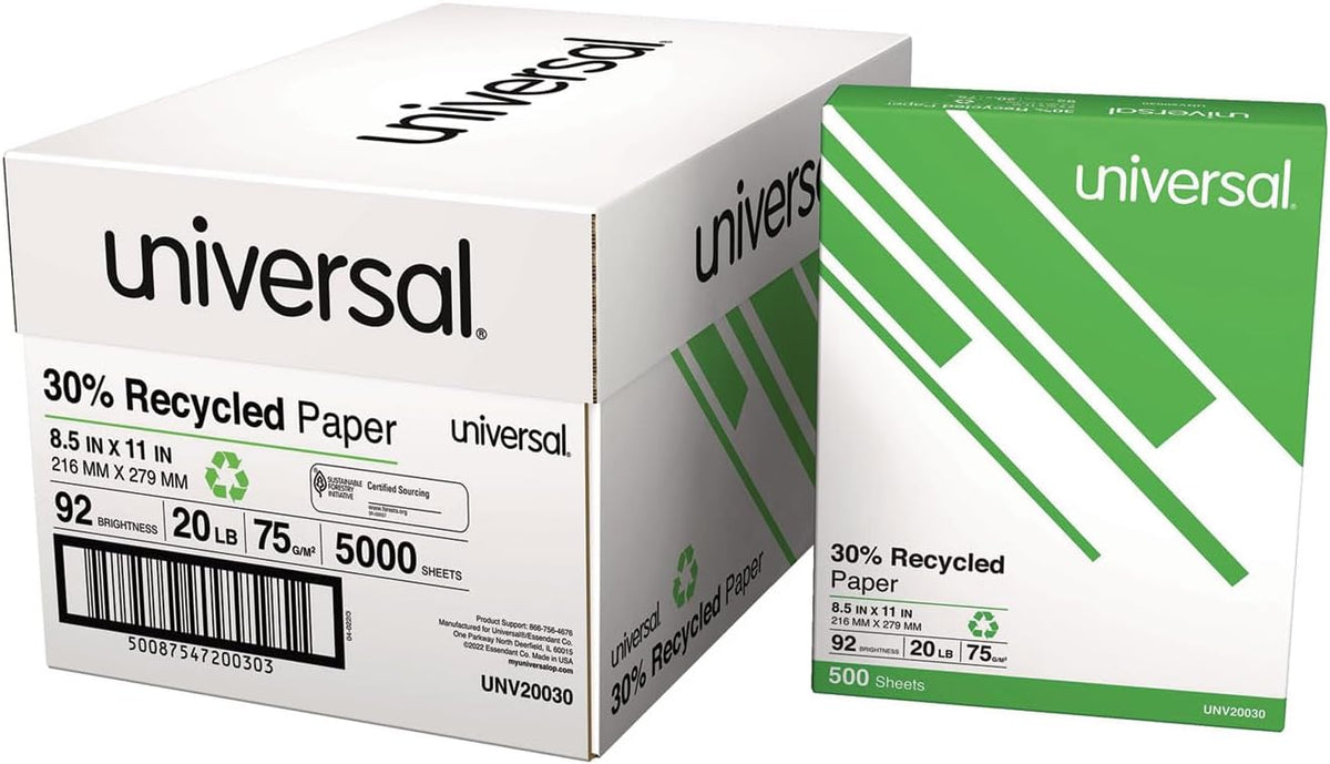 30% Recycled Copy Paper, 92 Brightness, 20lb, 8 1/2 x 11, White, 5000/Carton