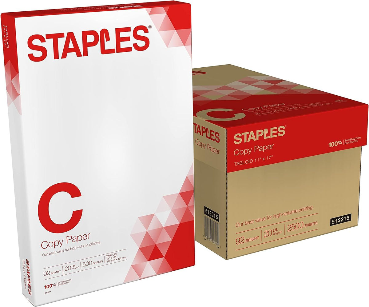Staples Copy Paper, 11x17 Inch Ledger Size, 92 Brightness, 20 lb., 500/Ream