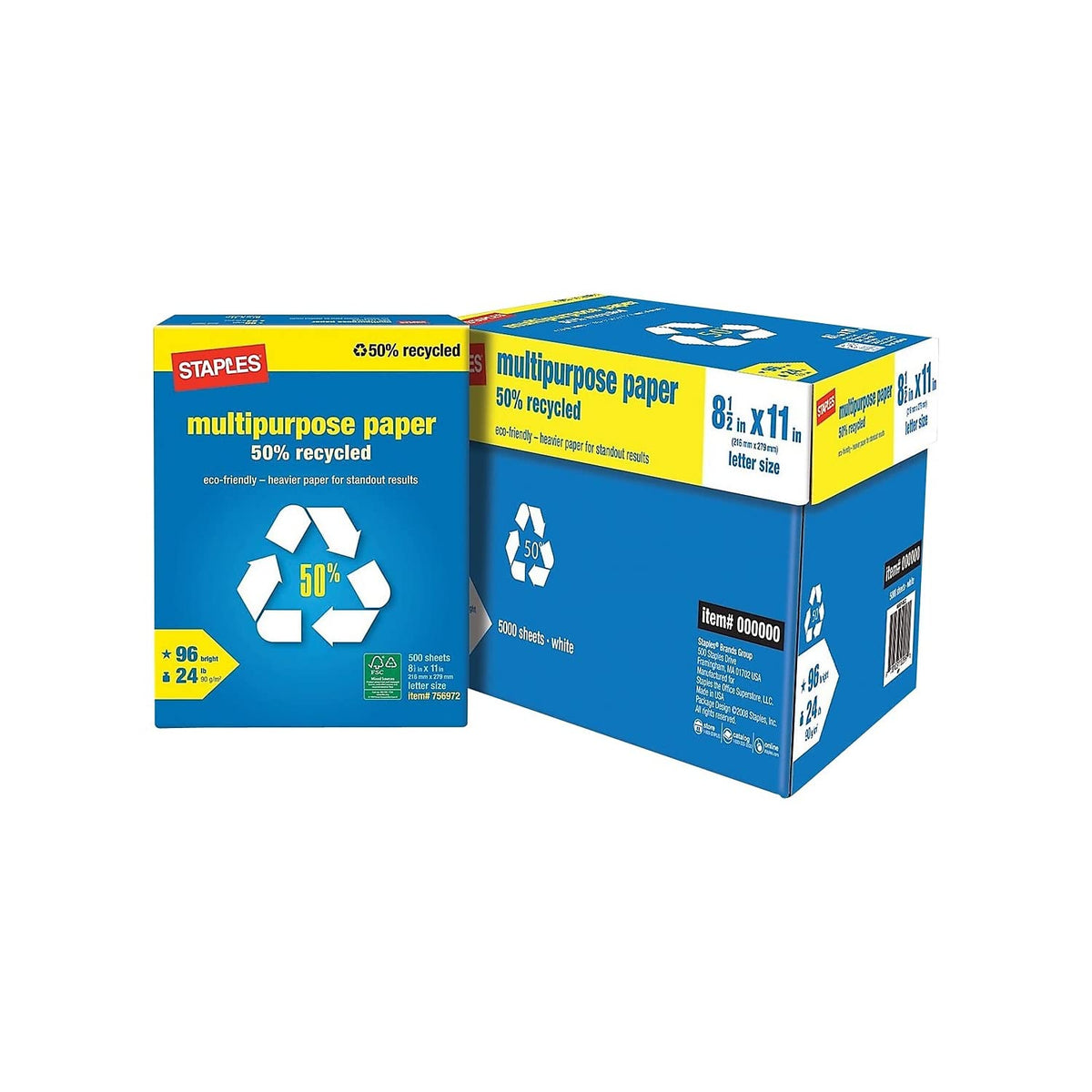 Staples 50% Recycled Multipurpose Paper, 8.5x11 Inch, 500/Ream