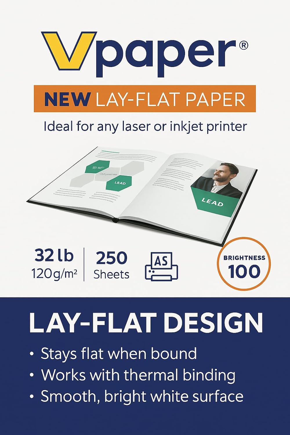Unibind 8.5 x 11 Layflat Printer Paper | Premium 32 lb | 1 Ream – 250 Sheets | 100 Bright | Duplex Ready Laser & Inkjet Compatible – Ideal for Thermal Binding | 120gsm (Potrait, 1Ream =250 sheets)