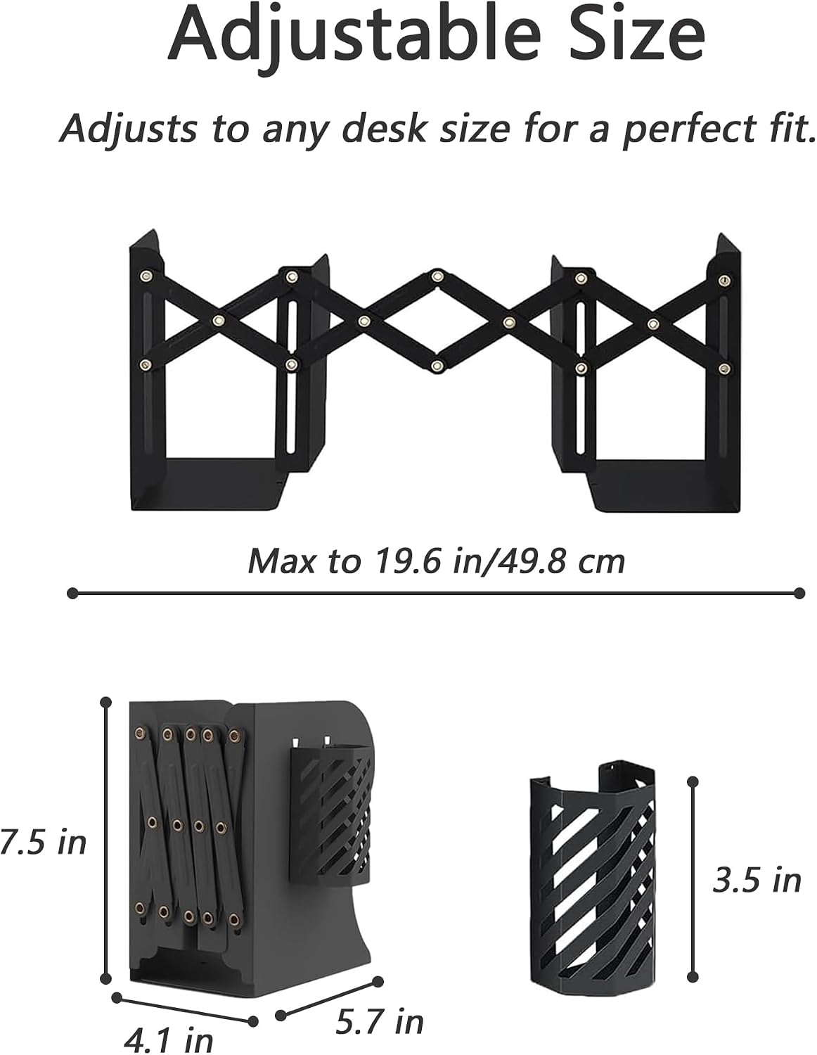 Kingsmile Book Ends, Adjustable Heavy Duty Metal Book Stoppers with Pen Holder for Desk Office Library Kids Room(Black)