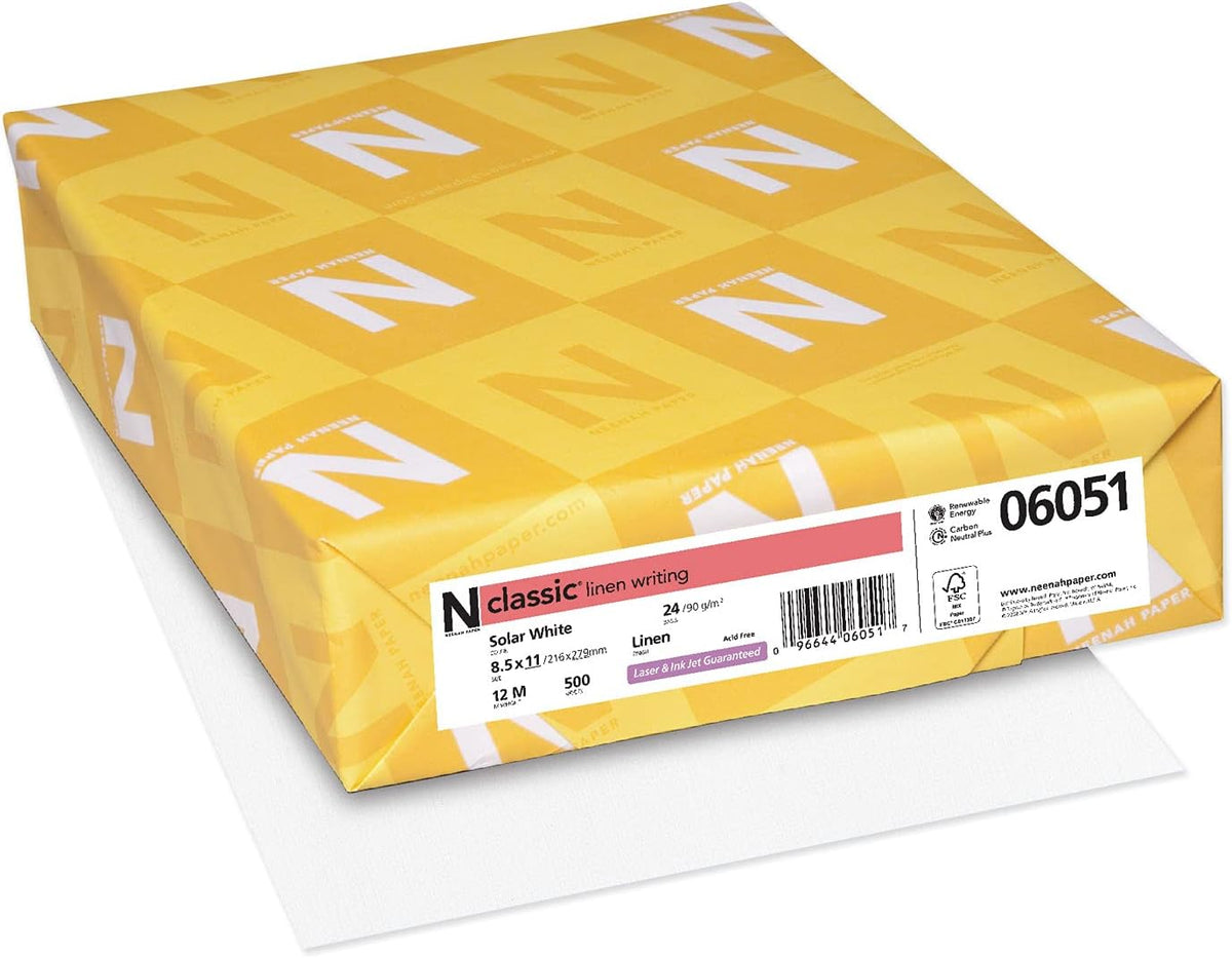 Classic Linen Premium Paper, 8.5" x 11", 24 lb/89 GSM, Solar White, 500 Sheets (06051)