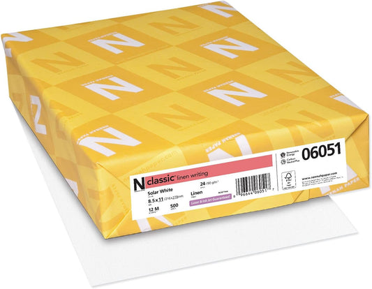 Classic Linen Premium Paper, 8.5" x 11", 24 lb/89 GSM, Solar White, 500 Sheets (06051)