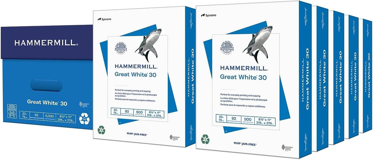 Hammermill 86700 Great White Recycled Copy Paper, 92 Brightness, 20lb, 8-1/2 x 11, 5000 Shts/Ctn