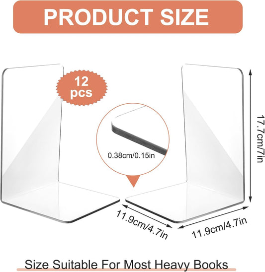 12Pcs Clear Bookends for Heavy Books,Acrylic Book Shelf Organizer for Desk,Plastic Heavy Duty Book Holders Standand Invisible Bookshelf Dividers Decorative,Suitable for Office Home Weighted Bookends