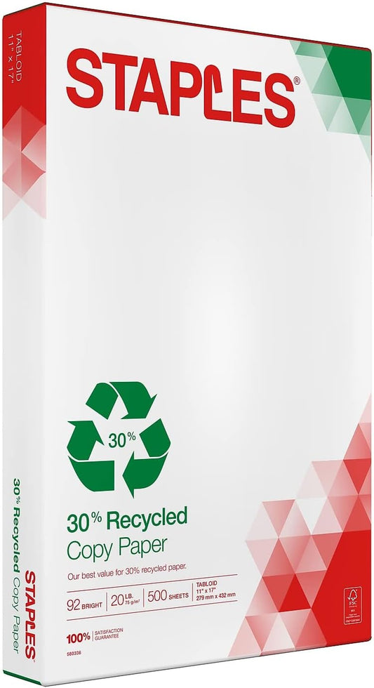 Staples 30% Recycled Copy Paper, 11x17 Inch, 20 lb., 92 Bright, 500 Sht