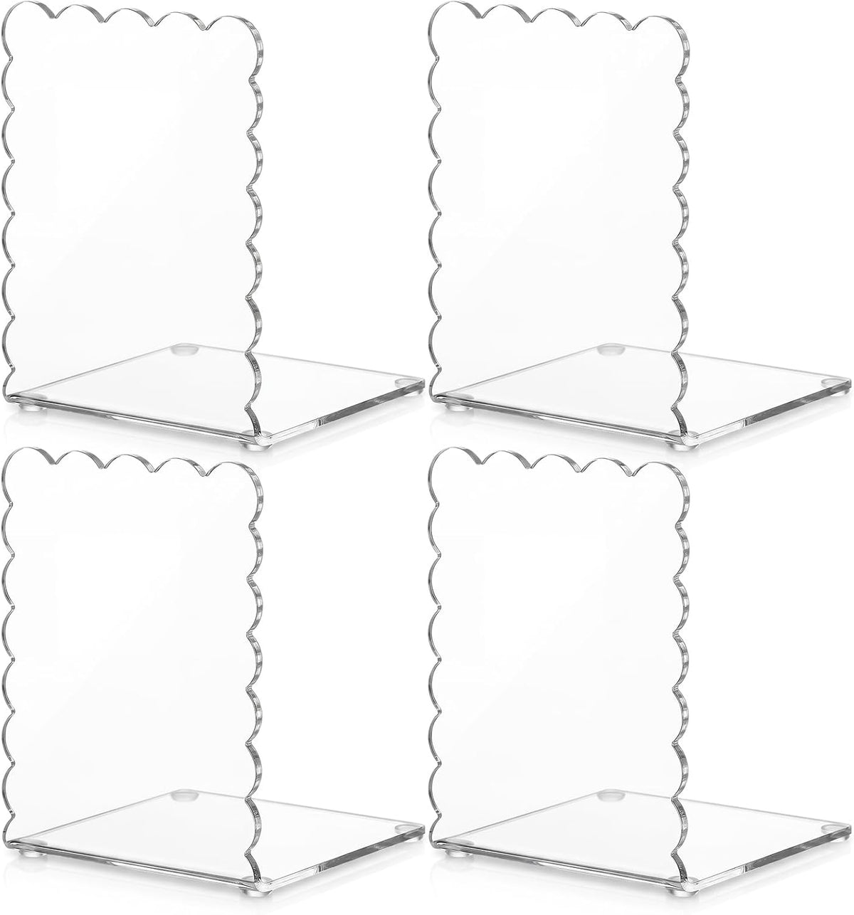 4 Pcs Scalloped Acrylic Bookends Clear Book Ends for Shelve Transparent Bookend Organizer Decorative Non Slip Book Holders for School Library Office Cd File Video Games