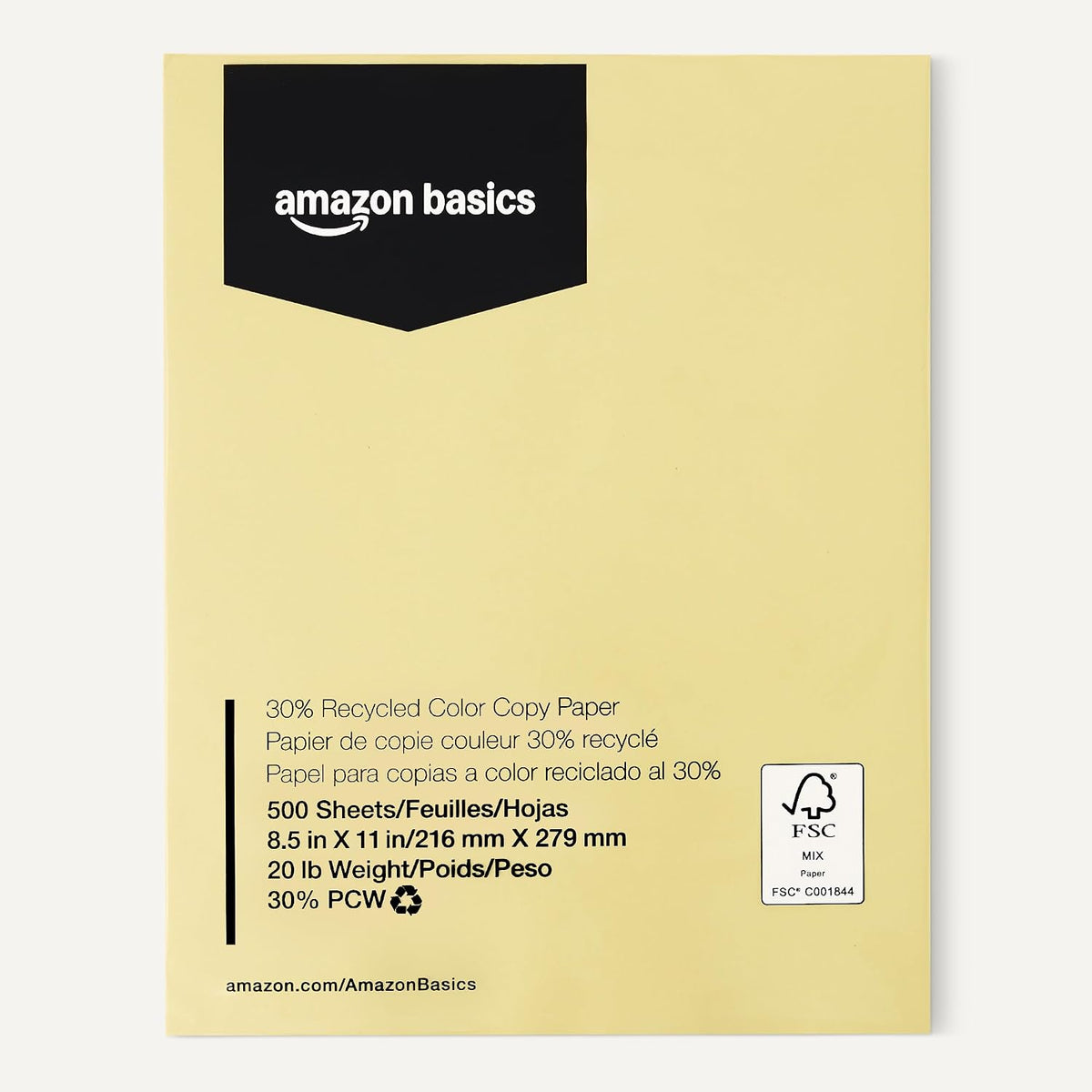 Amazon Basics 30% Recycled Color Copy Paper, 8.5" x 11", 20lb, Pastel Canary, 500 Sheets (Pack of 2)