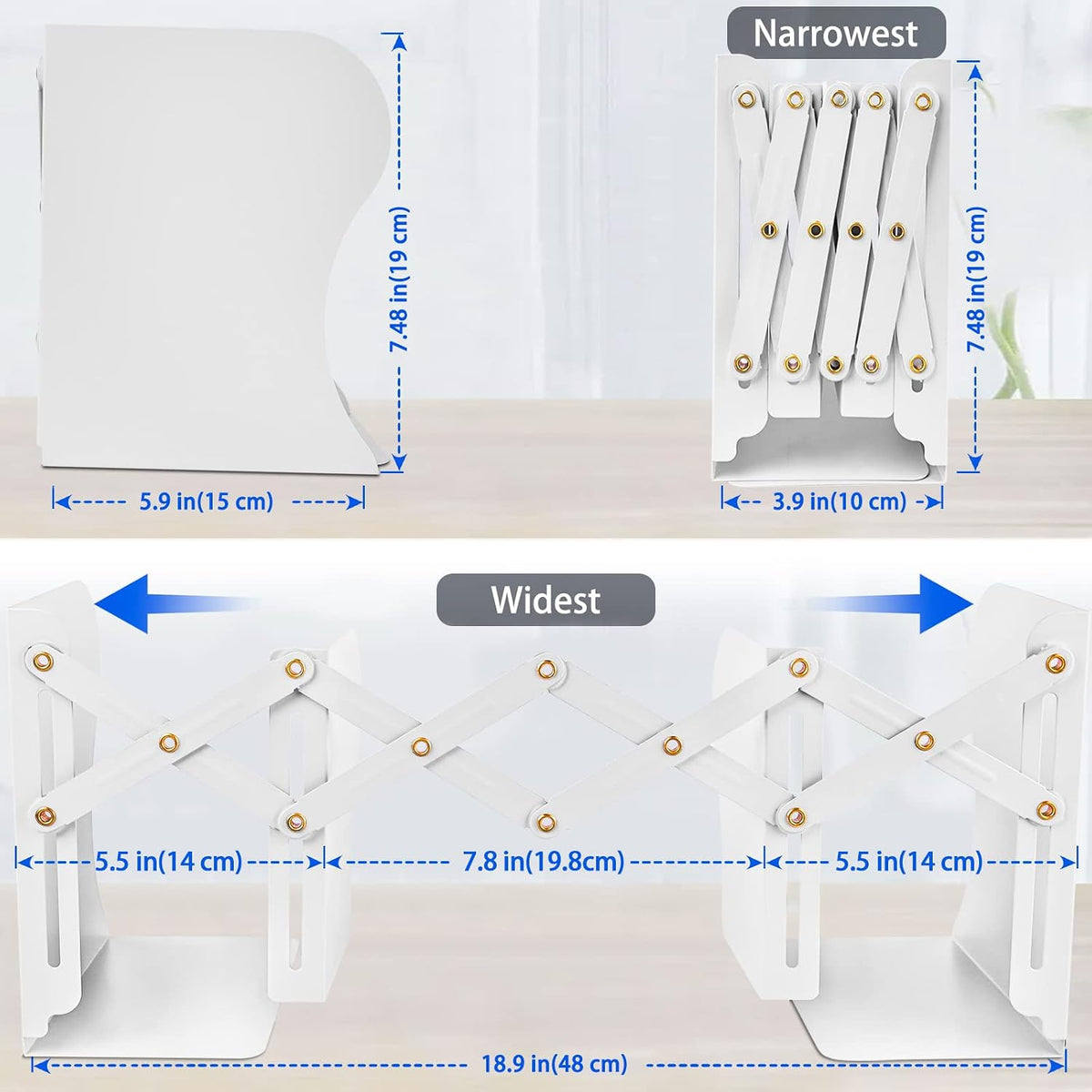 Non Skid Book Ends to Hold Books, Carooyac Heavy Duty Bookends Adjustable Book End, Metal Bookends for Shelves, White Book Holders Organizer for Bookshelf Desk - Extends up to 19"