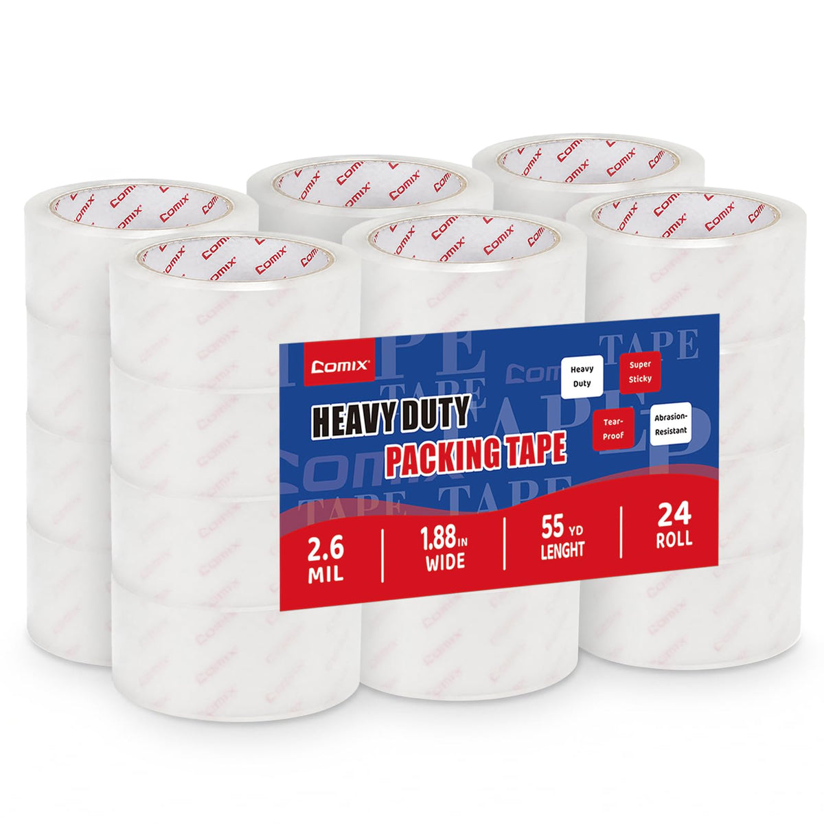 Comix Clear Packing Tape Refills,Heavy Duty,12 Rolls,1.88" x 54.6 yd