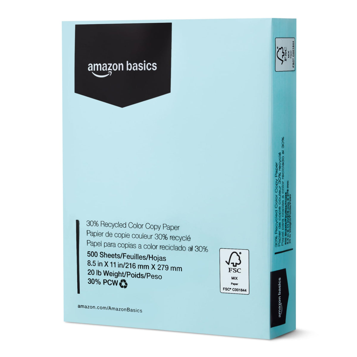 Amazon Basics 30% Recycled Color Copy Paper, 8.5" x 11", 20lb, Pastel Blue, 500 Sheets (Pack of 3)