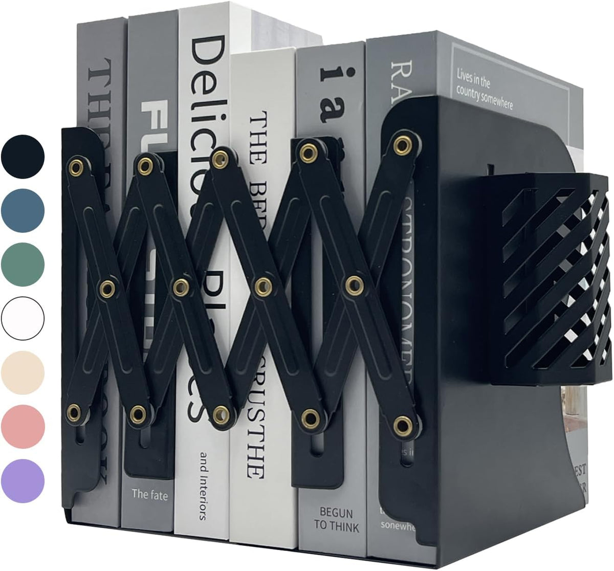 Kingsmile Book Ends, Adjustable Heavy Duty Metal Book Stoppers with Pen Holder for Desk Office Library Kids Room(Black)