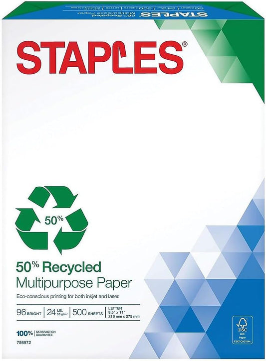Staples 50% Recycled Multipurpose Paper, 8.5x11 Inch, 500/Ream