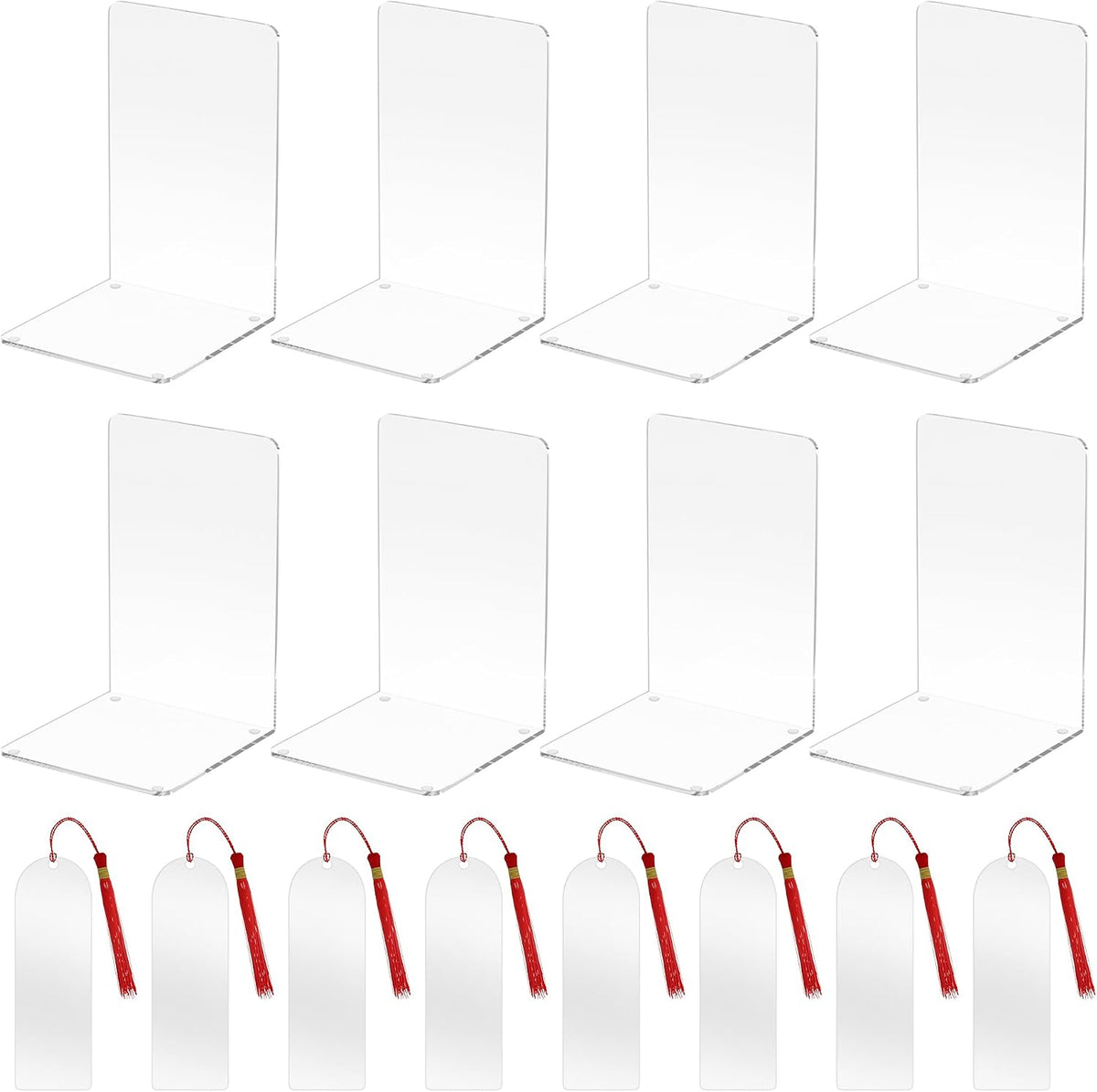 Acrylic Bookends and Bookmark Blanks Sets, Pack of 8, Book Holder for Shelf, Clear Book Page Markers for DIY Painting