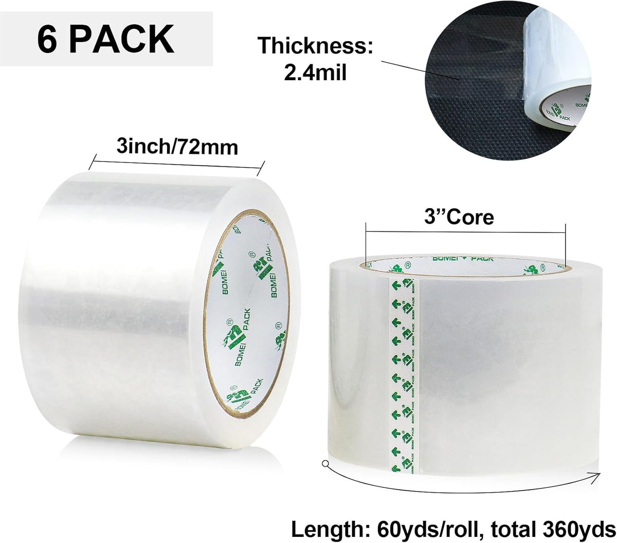 BOMEI PACK 3Inch Wide Clear Silent Packing Tape, 6Rolls 2.4Mil X 60Yds Heavy Duty No Noise Quiet Tape 3” for Moving, Shipping, Mailing, Storage and Packaging
