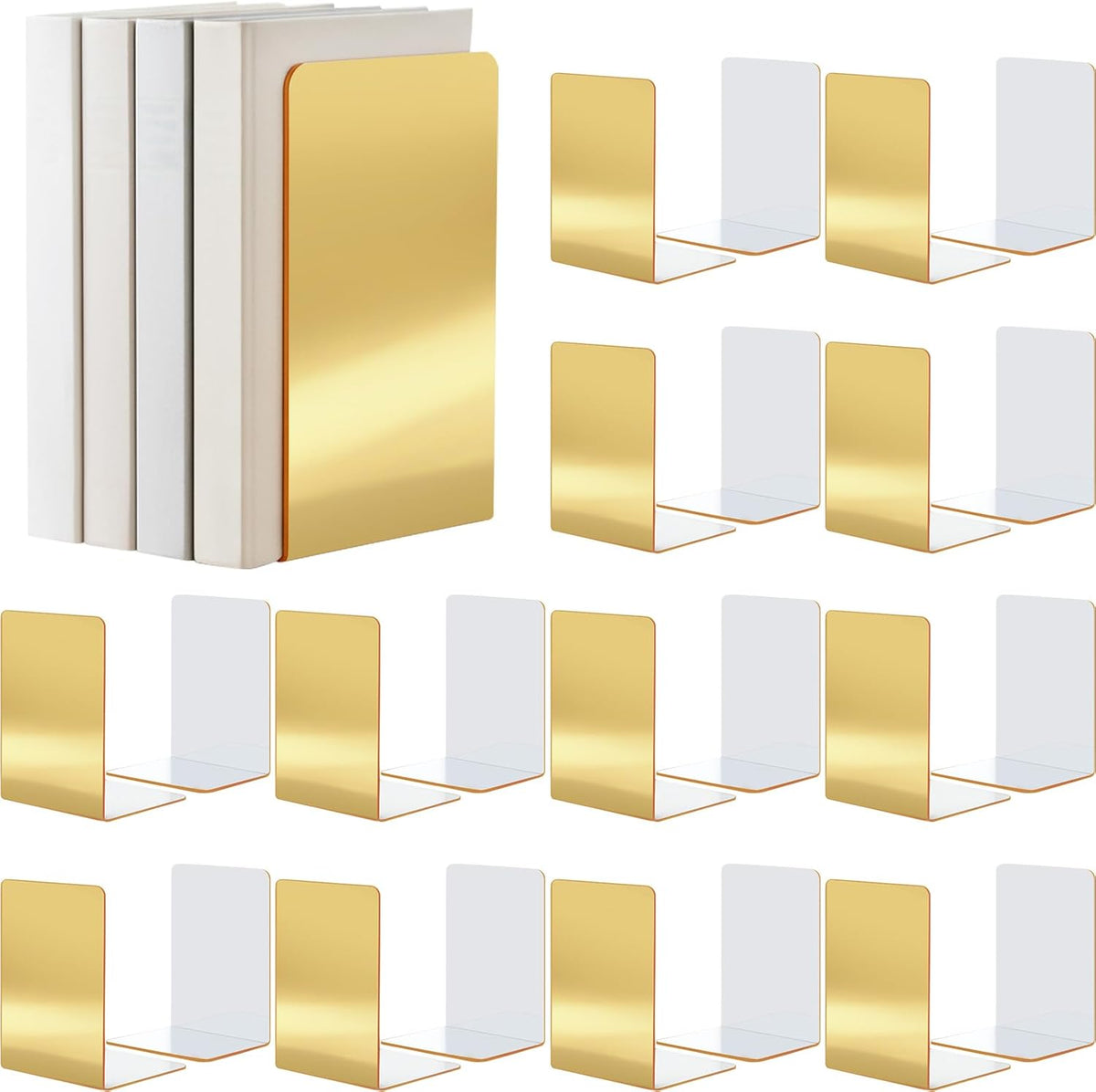 Feifeiya 24 Pcs Acrylic Bookends Gold Book Ends for Shelves, Gold Organizer with Silicone Non-Slip Mats, Book Holder Stand Decorative, Stoppers for Heavy Duty Books, Cd, File, Video Games