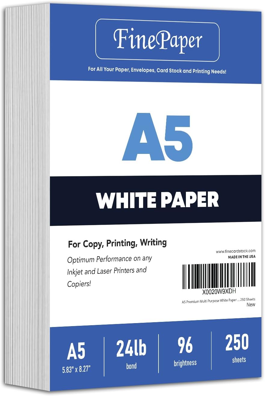 A5 Premium Multi Purpose White Paper - 24 lb (90 GSM) | For Copy, Printing, Writing | 5.83" x 8.27" inches (148 x 210 mm - Half of A4) | Full ream of 250 Sheets