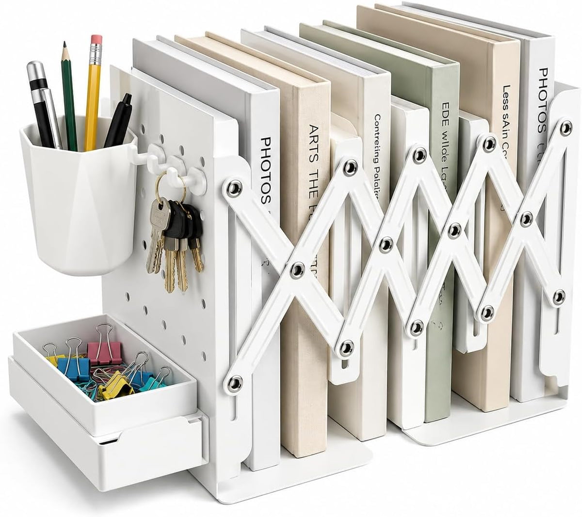 Expandable Metal Bookends Desk Organizer with Pen Holder, Sliding Drawer and Hooks, Adjustable Book End Shelf for Books, Binders, Files, Office, Classroom, Home Desk, White