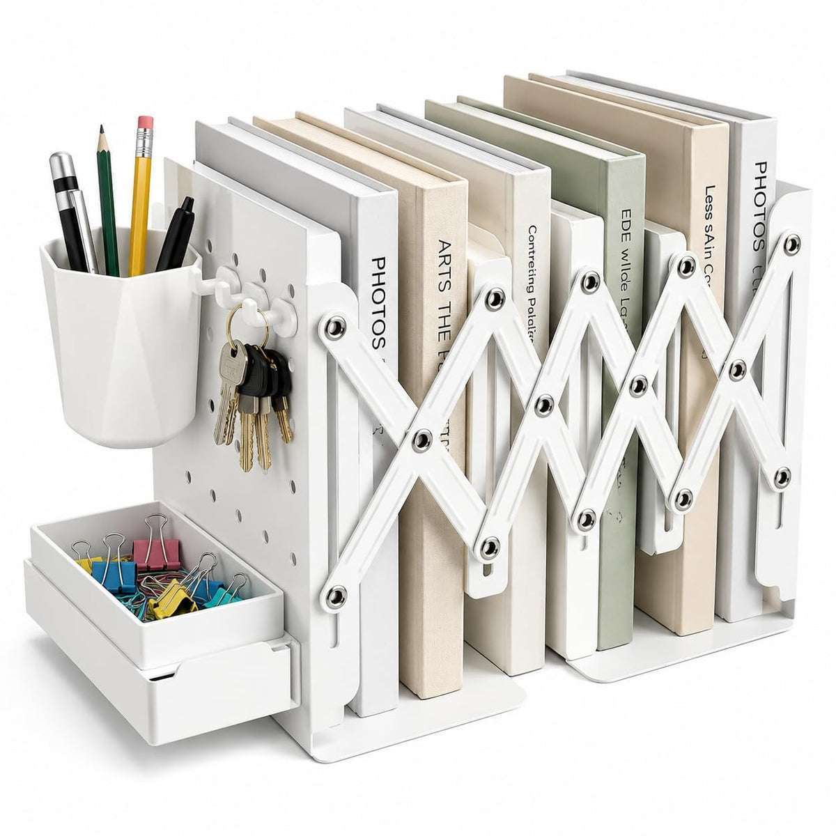 Expandable Metal Bookends Desk Organizer with Pen Holder, Sliding Drawer and Hooks, Adjustable Book End Shelf for Books, Binders, Files, Office, Classroom, Home Desk, White