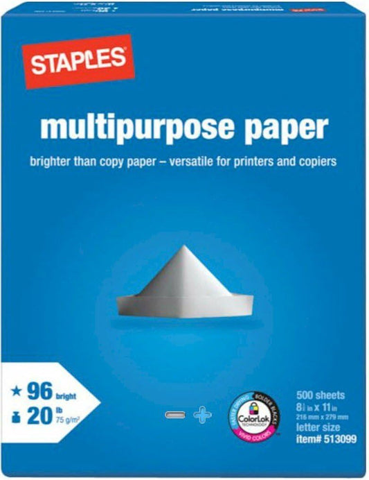 2 Pack: Staples Multipurpose Copy Fax Laser Inkjet Printer Paper, 8 1/2 Inch X 11 Letter Size, 20 Lb., 96 Bright White, Acid Free, Ream, 500 Sheets Each (1,000 Sheets Total)